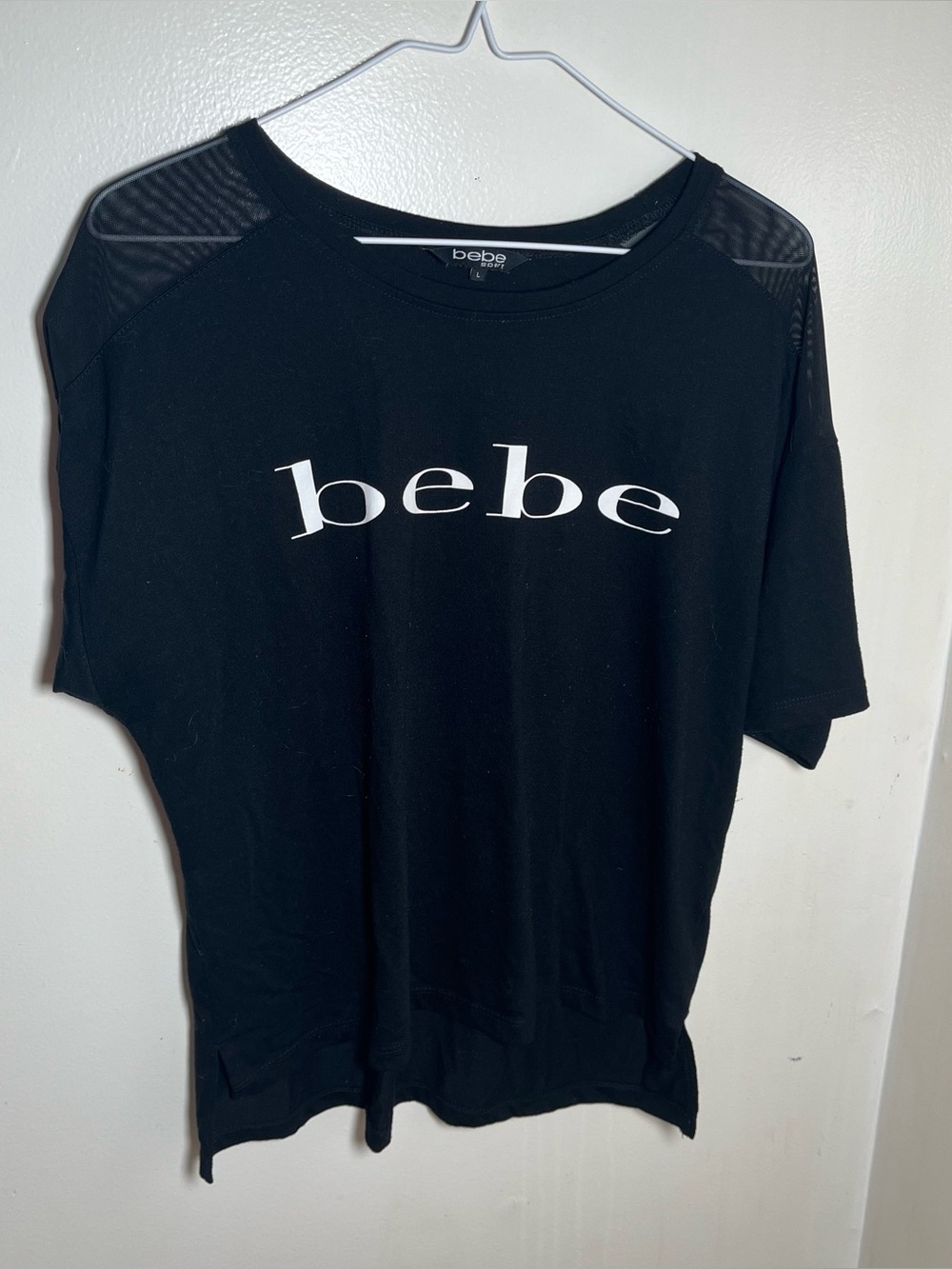 Bebe Sport Crop Top Relaxed Fit Black Shirt Spellout Logo Mesh Panel